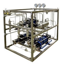 Units for pressure testing with gas and air driven multiplier